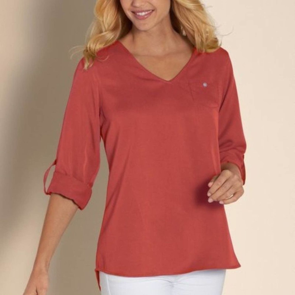 Soft Surroundings Women's Roll Tab Relax V-Neck Tencel Tunic Top Orange Size PL
